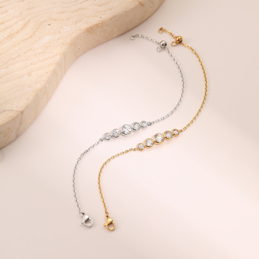Adjustable Zircon Bracelet | Waterproof Stainless Steel Stacking Bracelet in Gold & Silver