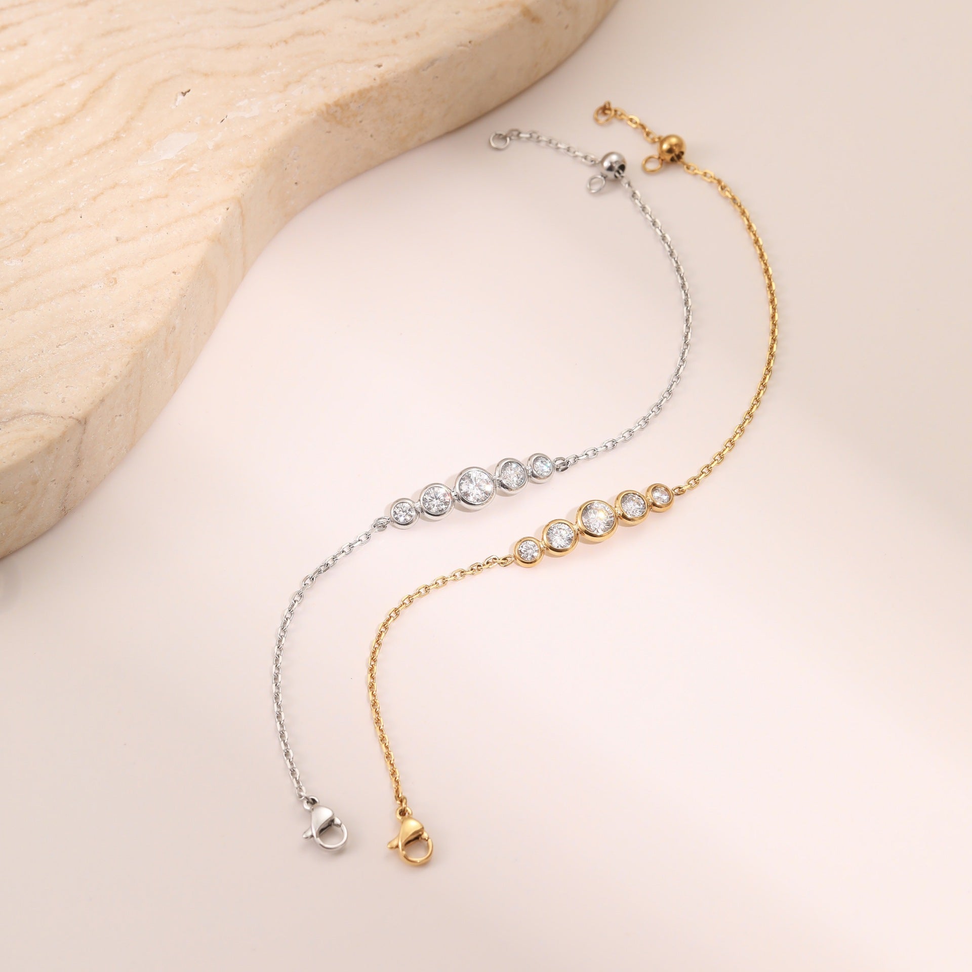 Adjustable Zircon Bracelet | Waterproof Stainless Steel Stacking Bracelet in Gold & Silver