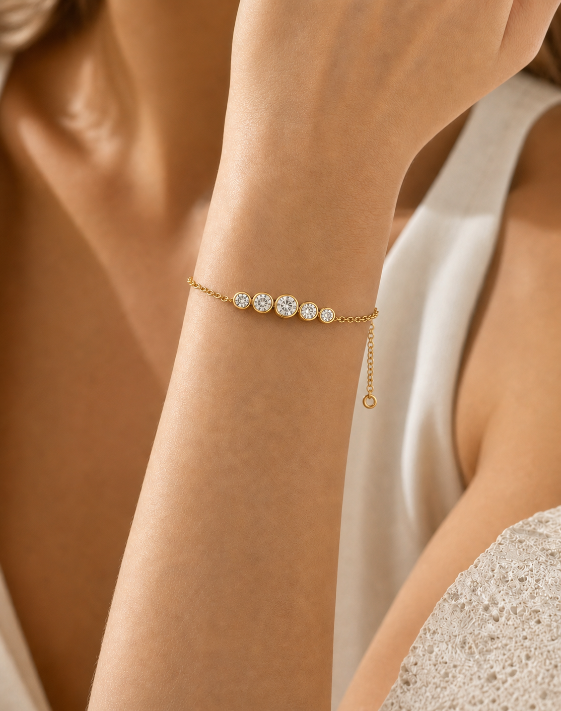 Adjustable Zircon Bracelet | Waterproof Stainless Steel Stacking Bracelet in Gold & Silver