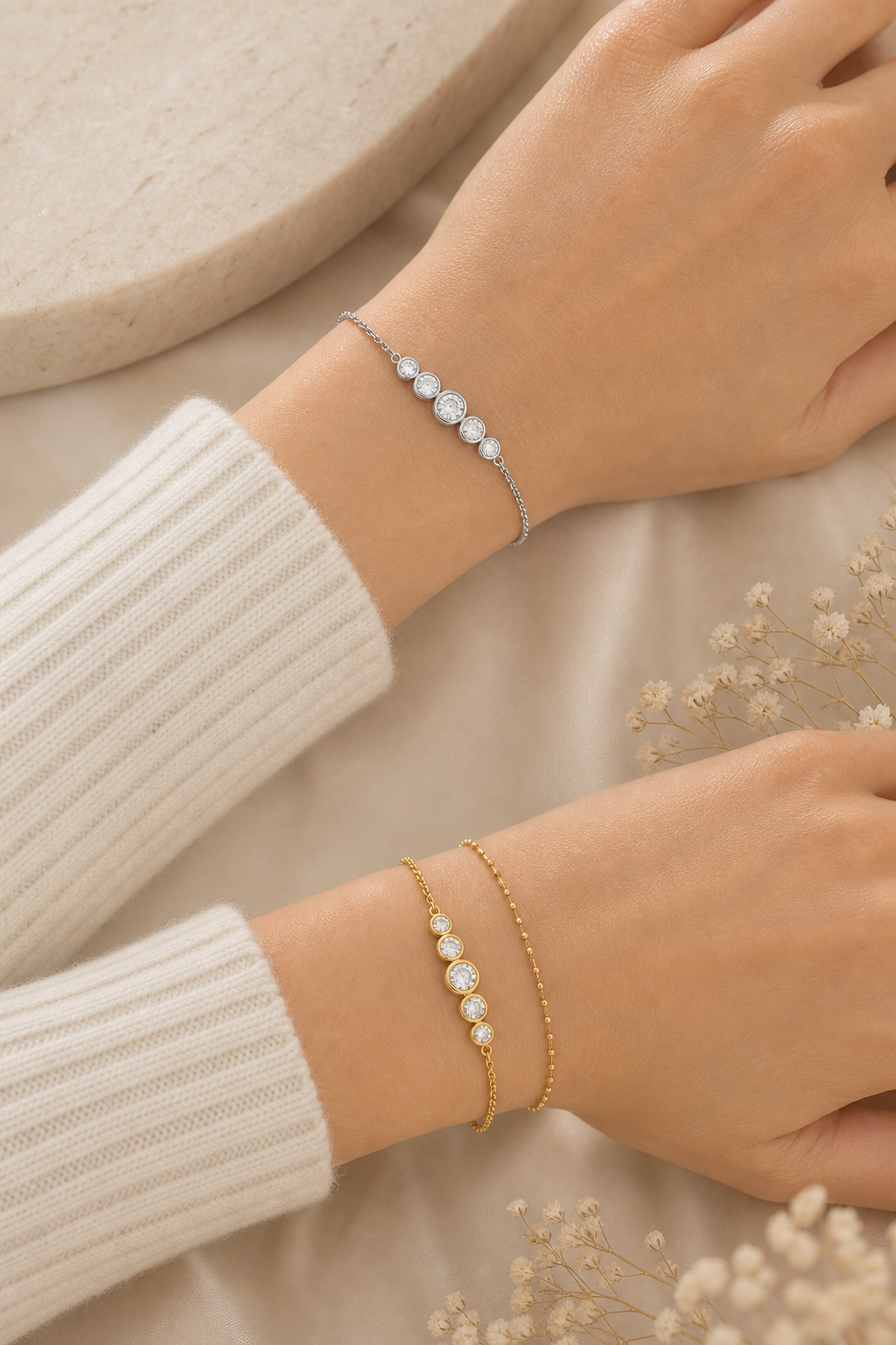 Adjustable Zircon Bracelet | Waterproof Stainless Steel Stacking Bracelet in Gold & Silver