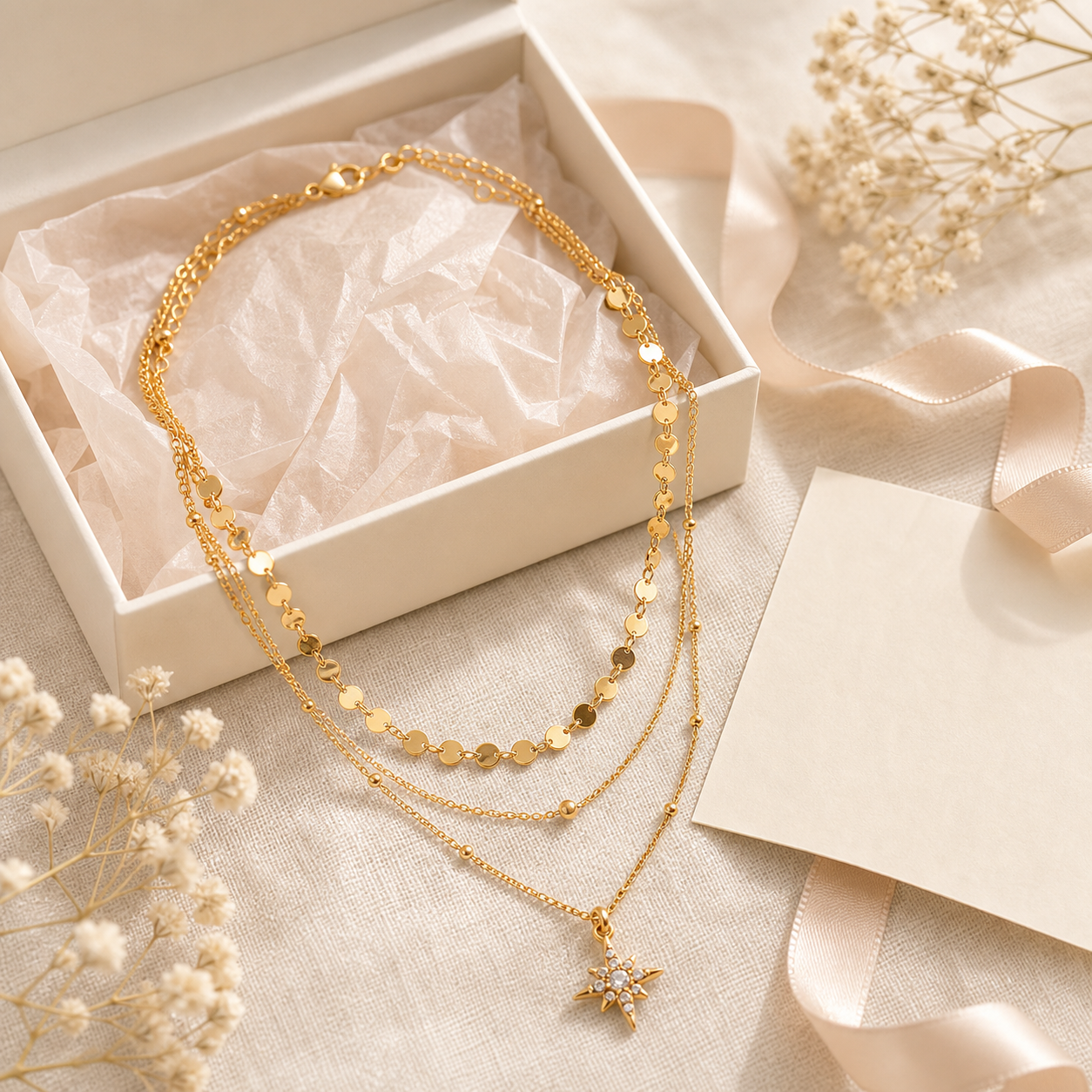 Gold necklace with star pendant in a white box on a soft beige background