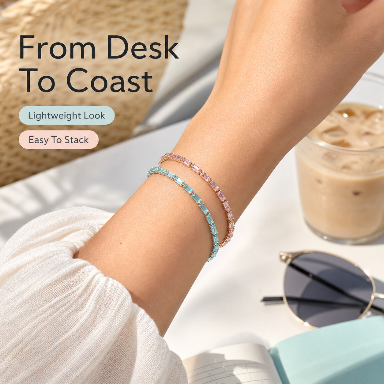 Misty Blue and Pink Zircon Bracelet | Stainless Steel Stacking Bracelet in Gold and Silver