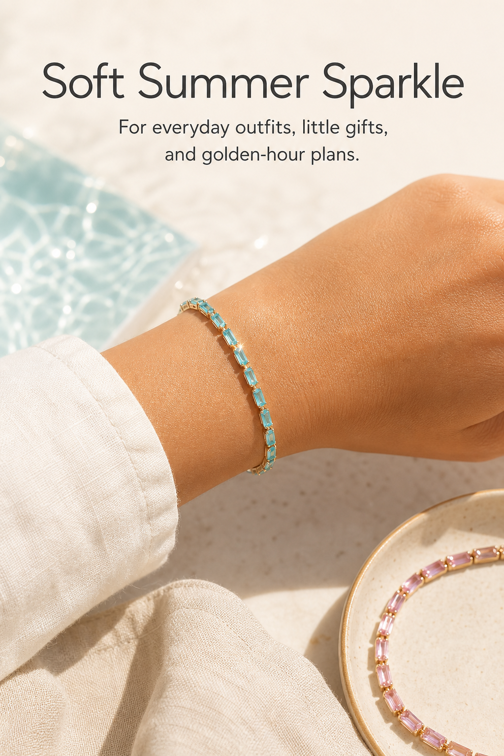 Misty Blue and Pink Zircon Bracelet | Stainless Steel Stacking Bracelet in Gold and Silver